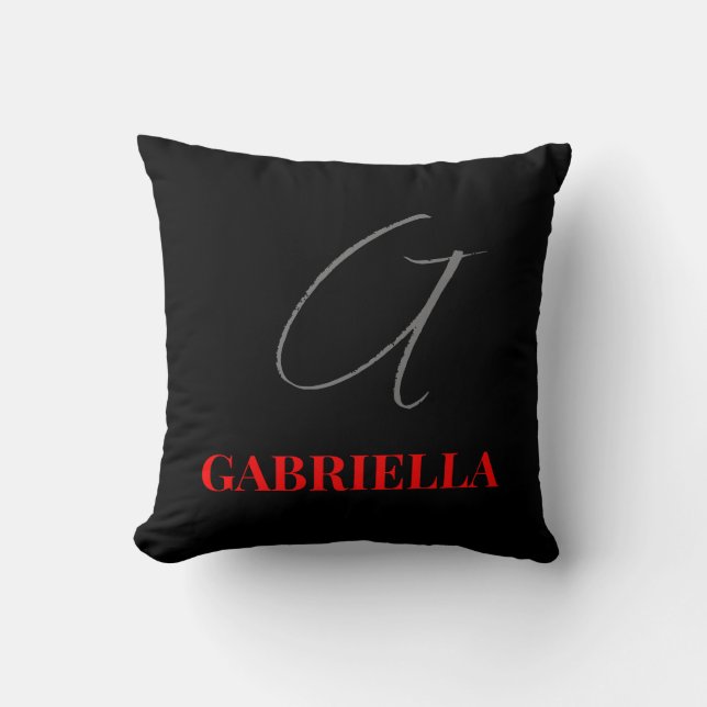 Black Red White Your Name Initial Monogram Cushion (Front)