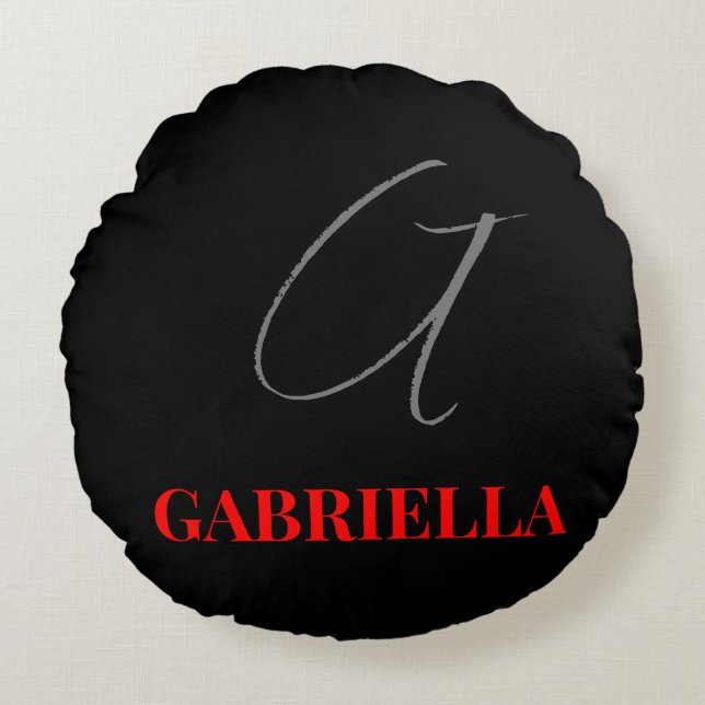 Black Red White Your Name Initial Monogram Round Cushion (Front)