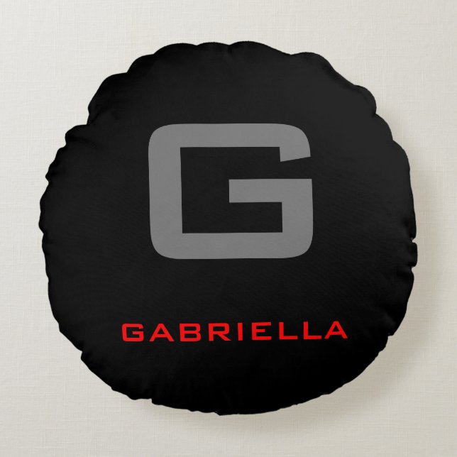 Black Red White Your Name Initial Monogram Round Cushion (Front)