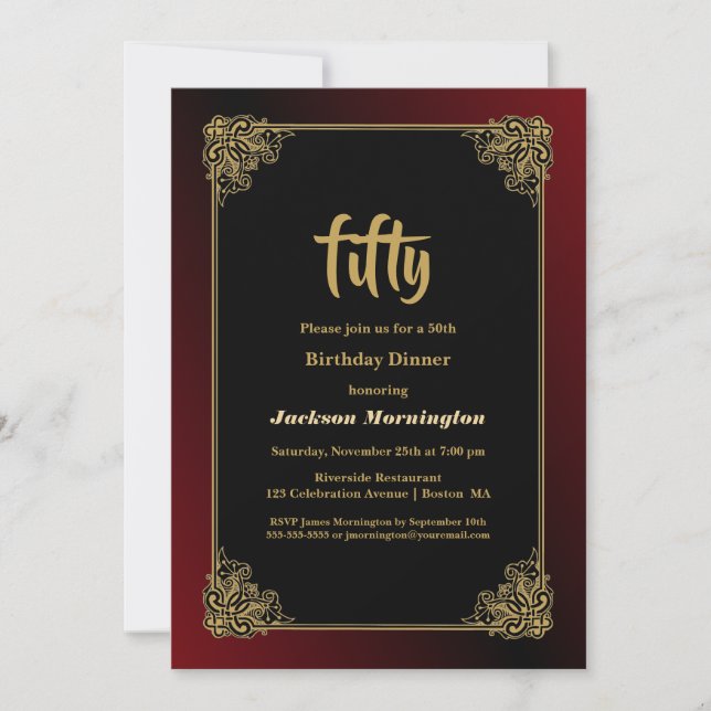Black Red with Gold Frame 50th Birthday Dinner Invitation (Front)