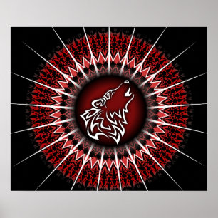 Black Red Wolf Tribal Animal Poster