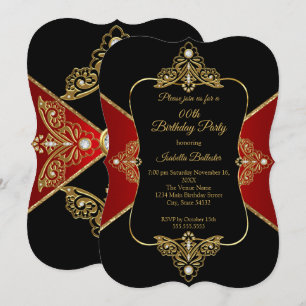 Black Red Women Birthday Party Gold Diamond Invitation
