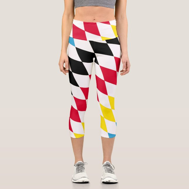 Black Red Yellow Blue Bavaria Diamond Flag Pattern Capri Leggings (Front)