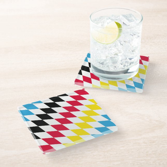 Black Red Yellow Blue Bavaria Diamond Flag Pattern Glass Coaster (Angled)