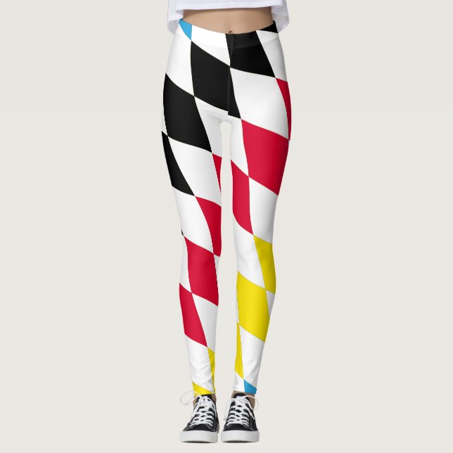 Black Red Yellow Blue Bavaria Diamond Flag Pattern Leggings (Front)