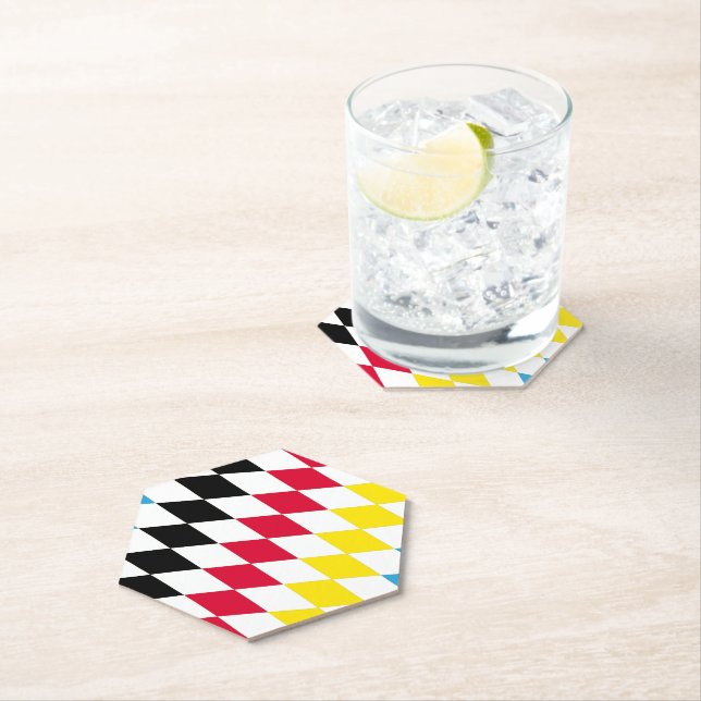 Black Red Yellow Blue Bavaria Diamond Flag Pattern Paper Coaster (Insitu)