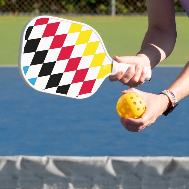 Black Red Yellow Blue Bavaria Diamond Flag Pattern Pickleball Paddle (Insitu)