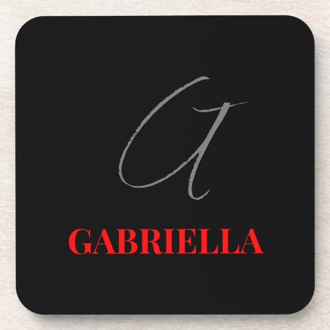 Black Red Your Name Initial Monogram Coaster (Front)
