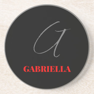 Black Red Your Name Initial Monogram Coaster