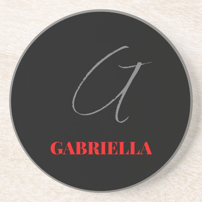 Black Red Your Name Initial Monogram Coaster (Front)