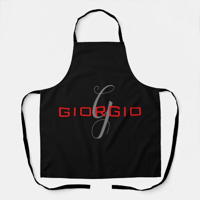 Black Red Your Name Initial Monogram Modern Apron (Front)