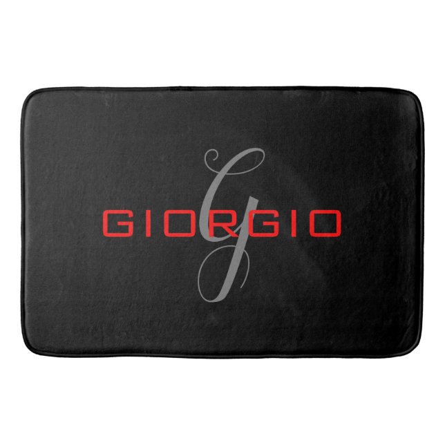 Black Red Your Name Initial Monogram Modern Bath Mat (Front)