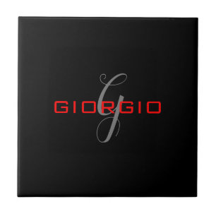 Black Red Your Name Initial Monogram Modern Ceramic Tile