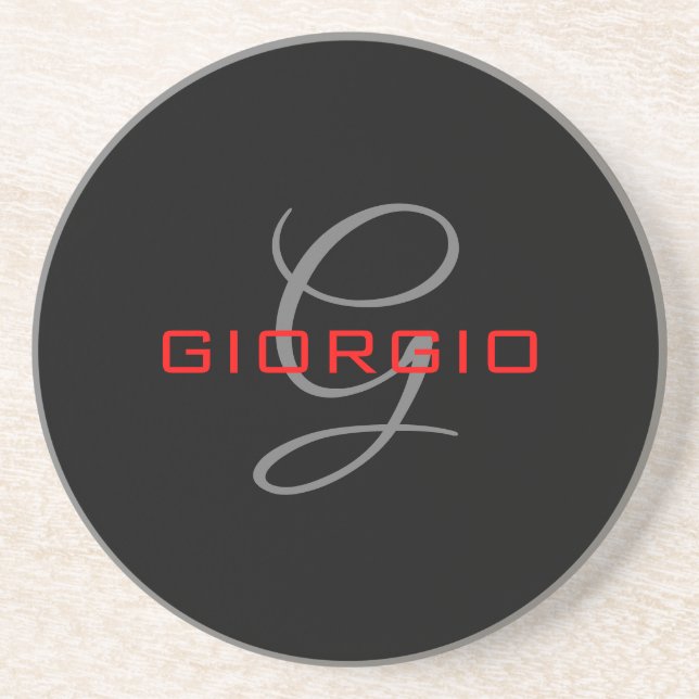 Black Red Your Name Initial Monogram Modern Coaster (Front)