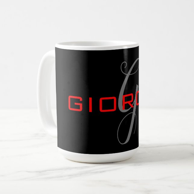 Black Red Your Name Initial Monogram Modern Coffee Mug (Front Left)