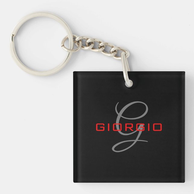 Black Red Your Name Initial Monogram Modern Key Ring (Front)