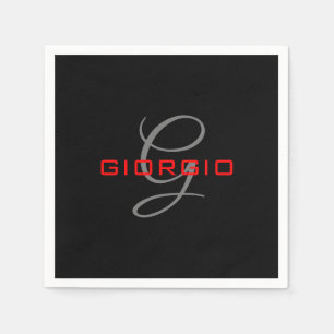 Black Red Your Name Initial Monogram Modern Napkin