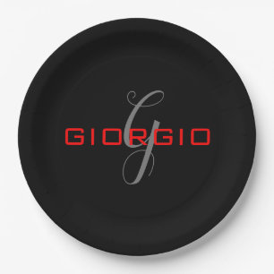 Black Red Your Name Initial Monogram Modern Paper Plate