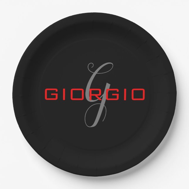 Black Red Your Name Initial Monogram Modern Paper Plate (Front)
