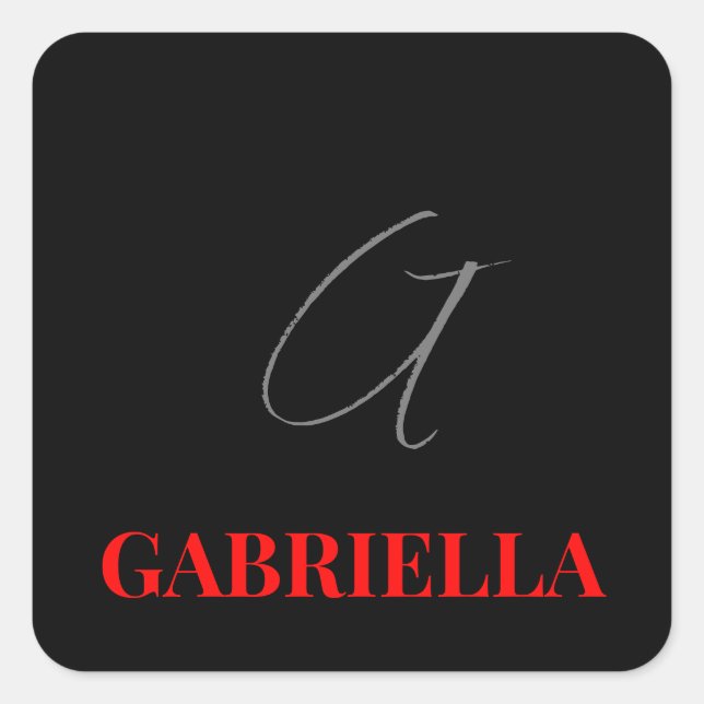 Black Red Your Name Initial Monogram Modern Square Sticker (Front)