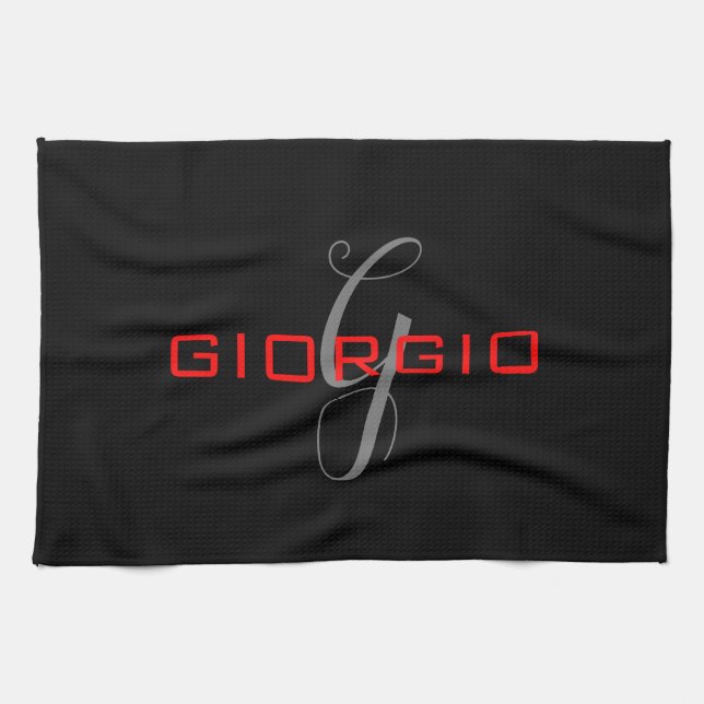 Black Red Your Name Initial Monogram Modern Tea Towel (Horizontal)
