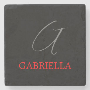 Black Red Your Name Initial Monogram Stone Coaster
