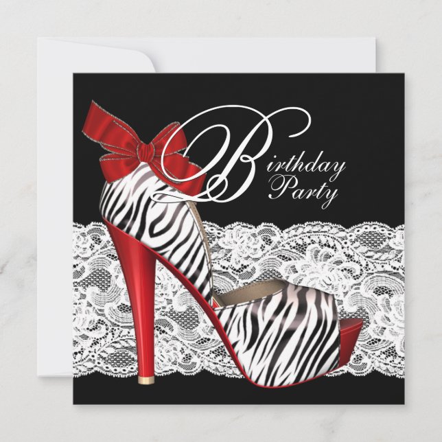 Black Red Zebra Birthday Party Invitations (Front)