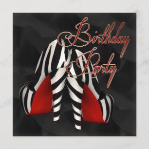 Black Red Zebra High Heel Shoe Birthday Party Invitation