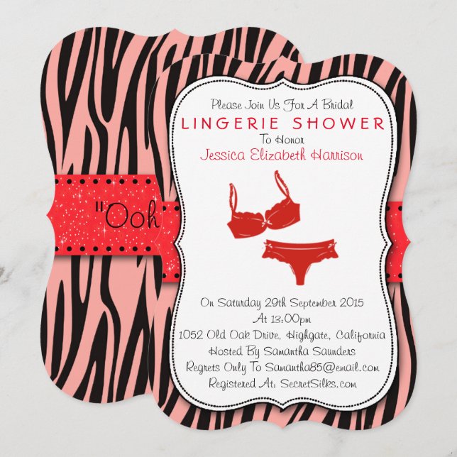 Black & Red Zebra Print Bracket Lingerie Shower Invitation (Front/Back)