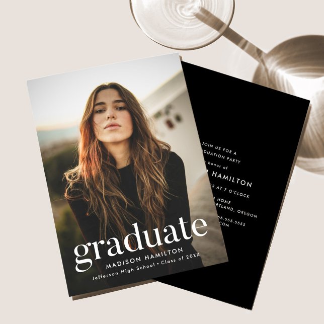 Black | Refined Photo Graduation Party Invitation (Creator Uploaded)