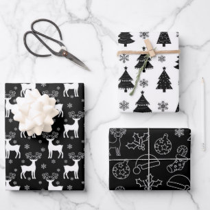 Black Reindeer, Christmas Tree and Holiday Pattern Wrapping Paper Sheet
