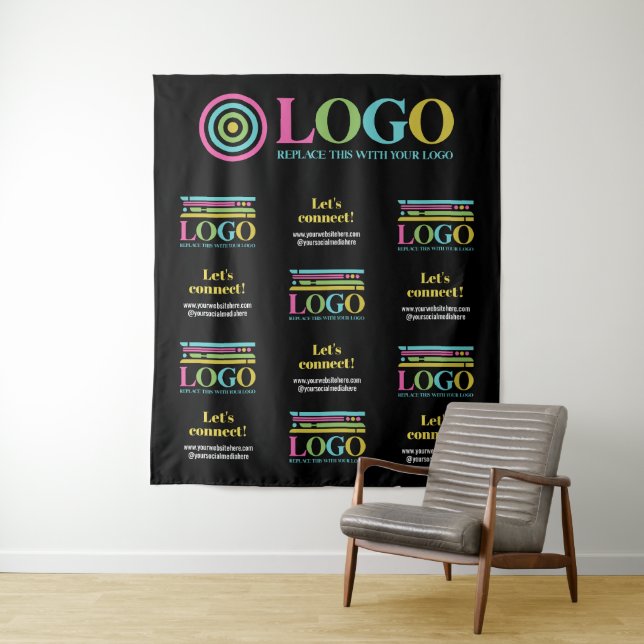 Black Repeated Logo Text Template Promo Backdrop Tapestry (In Situ)