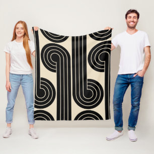 Black Retro Abstract Lines Fleece Blanket