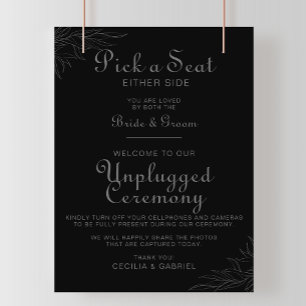 Black Retro Boho Leaf Wedding Unplugged Ceremony  Poster