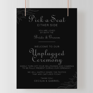 Black Retro Boho Leaf Wedding Unplugged Ceremony Poster