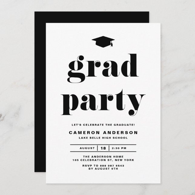 Black Retro Bold Typography Graduation Party Invitation (Front/Back)