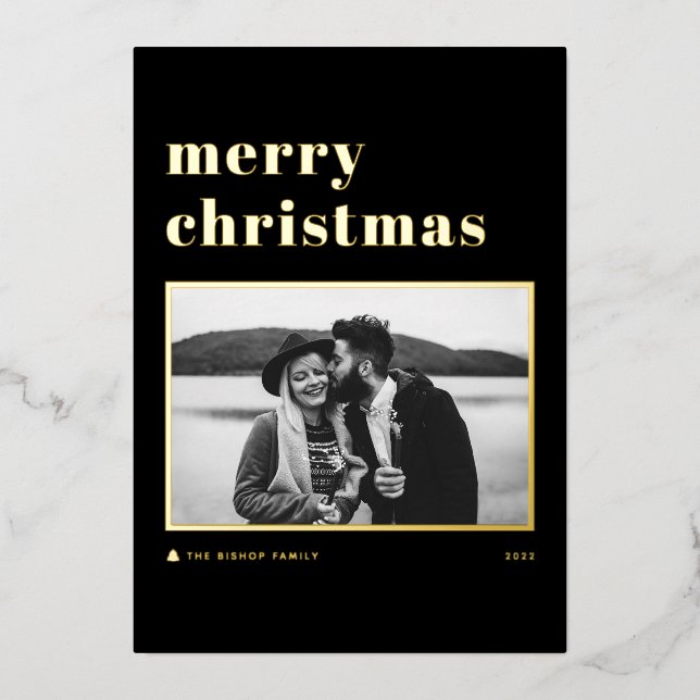 Black Retro Bold Typography Merry Christmas Photo Foil Holiday Card (Front)