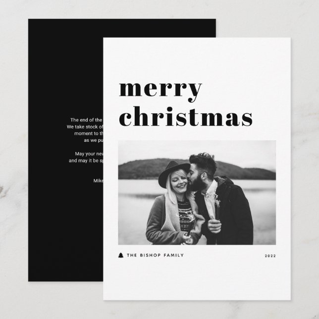 Black Retro Bold Typography Merry Christmas Photo Holiday Card (Front/Back)