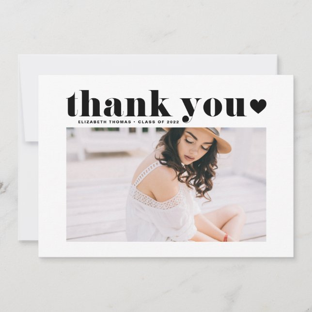 Black Retro Bold Typography Photo Graduation Thank You Card (Front)