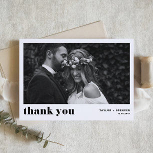 Black Retro Bold Typography Photo Wedding Thank You Card