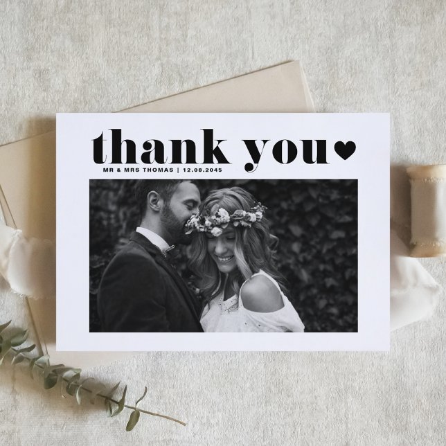 Black Retro Bold Typography Photo Wedding Thank You Card (Creator Uploaded)
