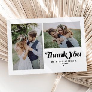 Black Retro Calligraphy Two Photo Wedding Thank You Card