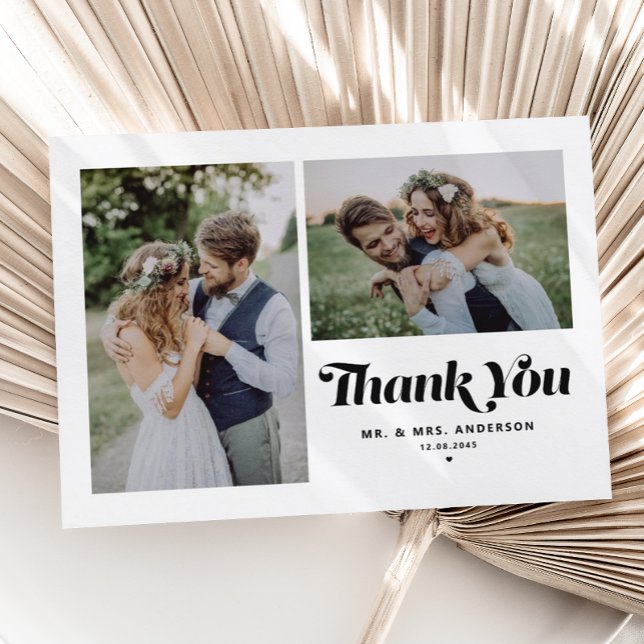Black Retro Calligraphy Two Photo Wedding Thank You Card (Creator Uploaded)
