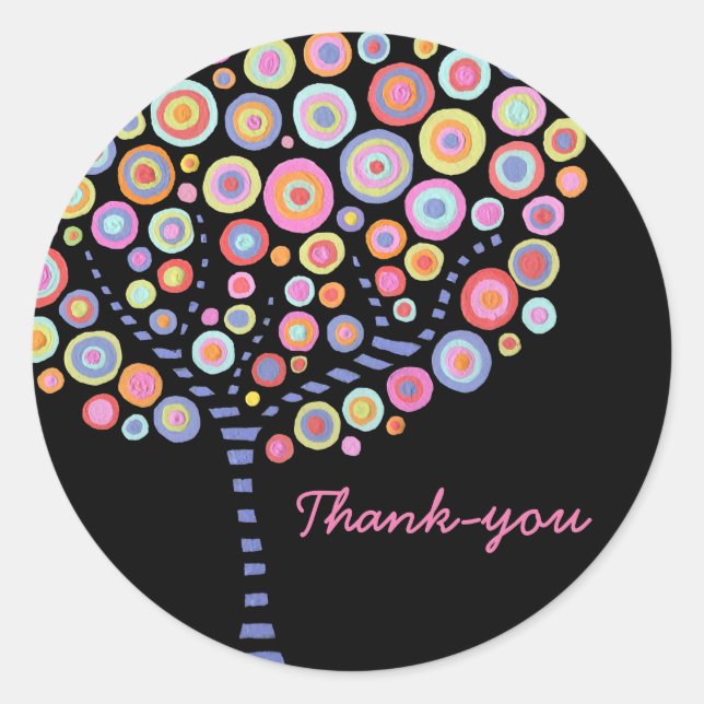 Black Retro Circle Tree Thank You Label Sticker (Front)