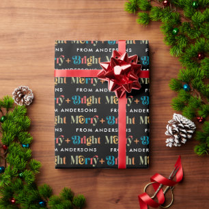 Black Retro Colourful Merry & Bright Name Christma Wrapping Paper