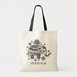 Black Retro Floral Elephant Tote Bag