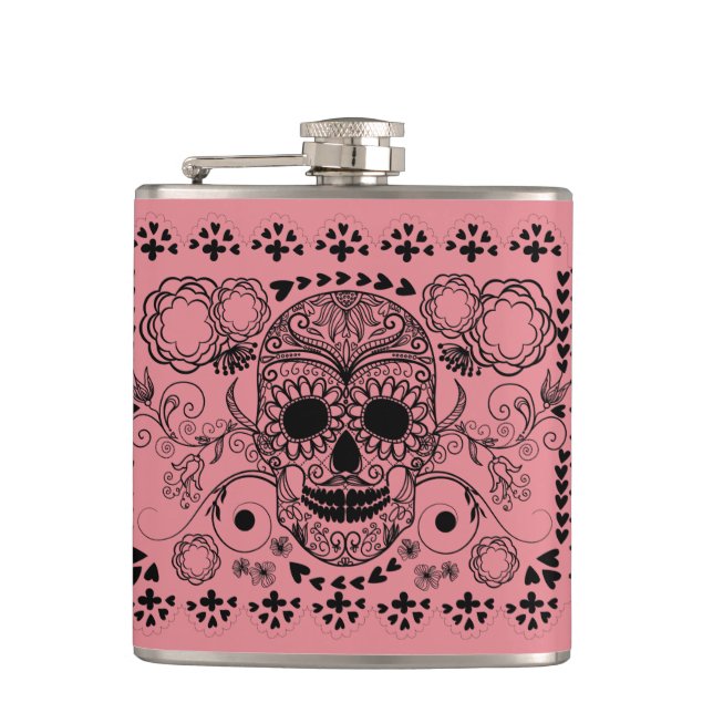 Black Retro Floral Sugar Skull Green Accents Hip Flask (Front)