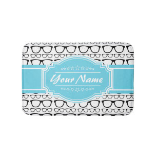 Black Retro Geek Glasses Aqua Personalised Name Bath Mat