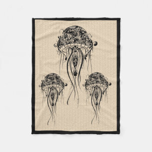 Black Retro Jellyfish Beige Background Fleece Blanket