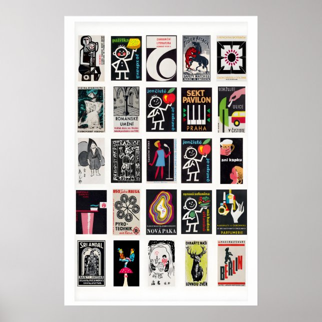Black Retro matchbox labels wall art, grid Poster (Front)